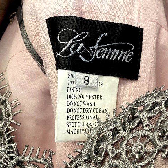 COPY - LA FEMME NWT Women's Pink/Grey Jewel Embellished Floral Lace Mesh A-Line… - Picture 12 of 13